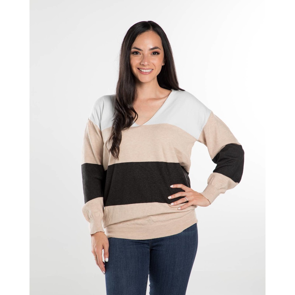 Beige Black Knitted Color Block Sweater - Picture 5 of 7
